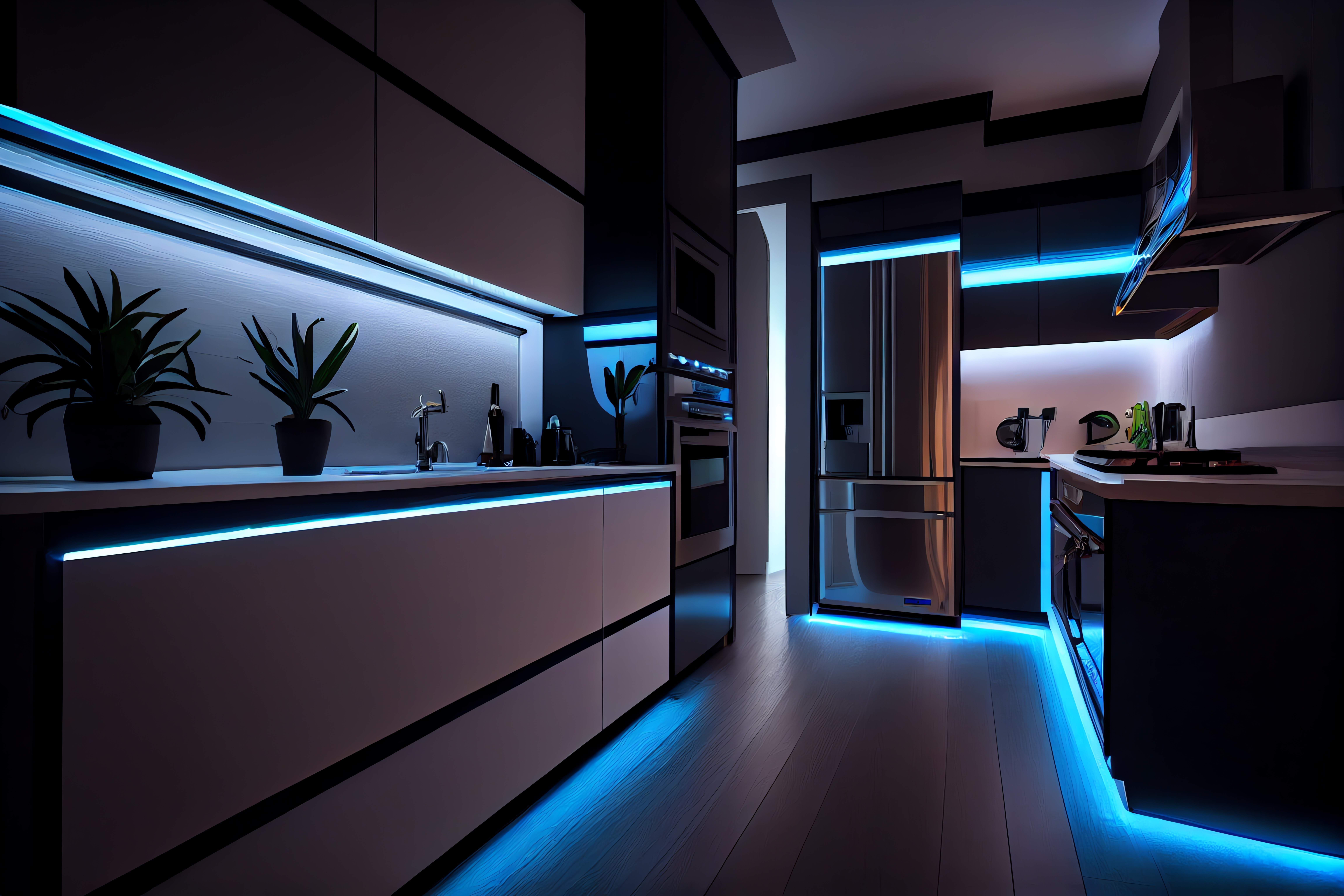 Cocina iluminada con luces LED de color azul tenue